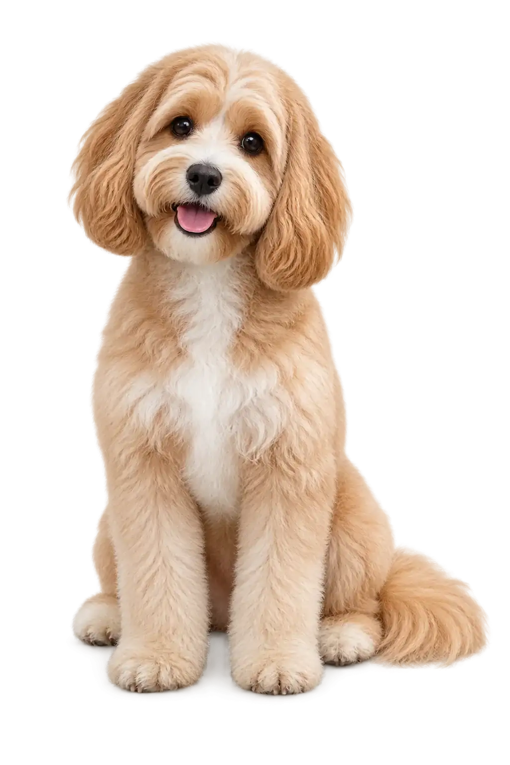 A freshly groomed cream and caramel dog sitting with a gentle head tilt